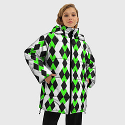 Куртка зимняя женская Чёрные и зелёные ромбы на белом фоне, цвет: 3D-черный — фото 2