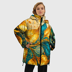 Куртка зимняя женская Листья абстрактные золото и бирюза, цвет: 3D-черный — фото 2