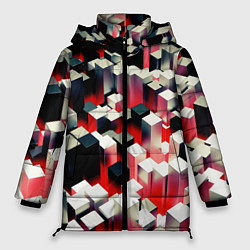 Куртка зимняя женская Черно-белые блоки в красном тумане, цвет: 3D-светло-серый