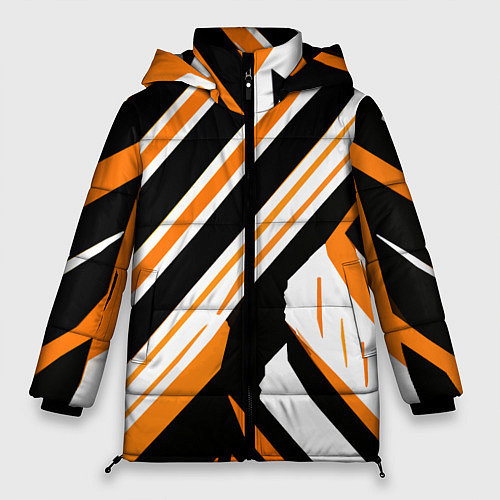 Женская зимняя куртка Чёрно-оранжевые полосы на белом фоне / 3D-Светло-серый – фото 1