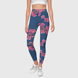 Леггинсы женские Веточки айвы с розовыми цветами на синем фоне, цвет: 3D-принт — фото 2