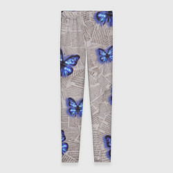 Леггинсы женские Газетные обрывки и синие бабочки, цвет: 3D-принт