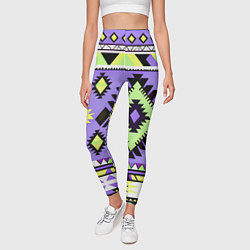Леггинсы женские Геометрический сиренево желтый орнамент ацтеков, цвет: 3D-принт — фото 2