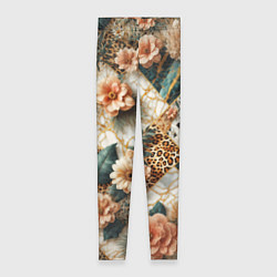 Леггинсы женские Цветы на кусках мрамора и леопардовом узоре, цвет: 3D-принт