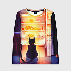 Лонгслив женский Черный кот холодильник ночь, цвет: 3D-принт