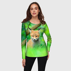 Лонгслив женский Лисенок в зеленом лесу, цвет: 3D-принт — фото 2