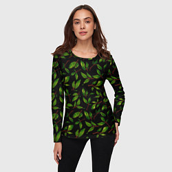 Лонгслив женский Яркие зеленые листья на черном фоне, цвет: 3D-принт — фото 2