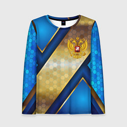 Лонгслив женский Золотой герб России на синем объемном фоне, цвет: 3D-принт