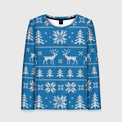 Лонгслив женский Рождественский синий свитер с оленями, цвет: 3D-принт