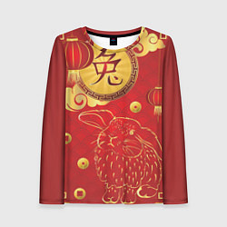 Лонгслив женский Китайский иероглиф и золотой кролик на красном фон, цвет: 3D-принт