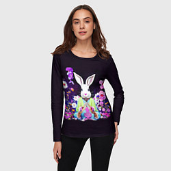 Лонгслив женский Кролик в цветах на черном фоне, цвет: 3D-принт — фото 2