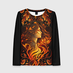 Лонгслив женский Девушка в стиле ар-нуво с огнем и осенними листьям, цвет: 3D-принт