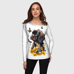 Лонгслив женский Черный щенок и жёлтые полевые цветы, цвет: 3D-принт — фото 2