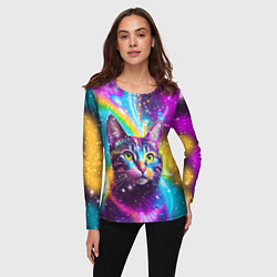 Лонгслив женский Полосатый кот с разноцветной звездной туманностью, цвет: 3D-принт — фото 2