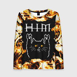 Лонгслив женский HIM рок кот и огонь, цвет: 3D-принт