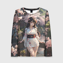 Лонгслив женский Гейша в коротком кимоно на фоне сакуры, цвет: 3D-принт