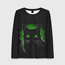 Лонгслив женский Портрет черного кота в зеленом свечении, цвет: 3D-принт