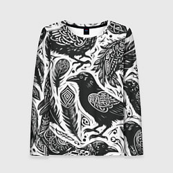 Лонгслив женский Черные вороны руны паттерн, цвет: 3D-принт