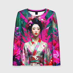Лонгслив женский Сад сакуры - гейша в традиционном японском кимоно, цвет: 3D-принт