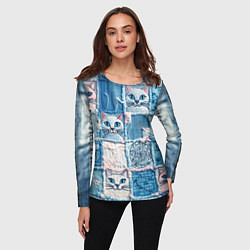Лонгслив женский Кошки на пэчворк джинсах паттерн, цвет: 3D-принт — фото 2