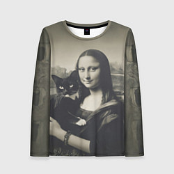 Женский лонгслив Мона Лиза держит кота в черно белом цвете