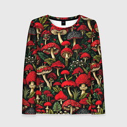 Лонгслив женский Лесные красные грибы мухоморы - паттерн, цвет: 3D-принт