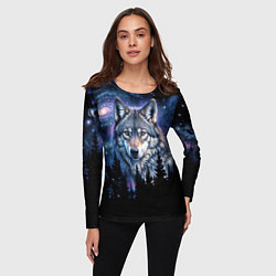Лонгслив женский Волк и черный лес - звездная ночь - галактика, цвет: 3D-принт — фото 2