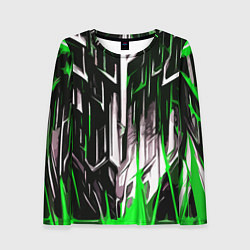 Лонгслив женский Зелёно-белые вертикальные полосы на чёрном фоне, цвет: 3D-принт