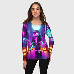 Лонгслив женский Чувак с мечом в неоновом городе - Майнкрафт, цвет: 3D-принт — фото 2