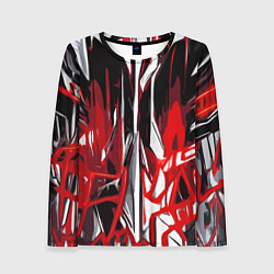 Женский лонгслив Красно-белая хаотичная абстракция на чёрном фоне