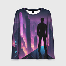 Женский лонгслив Человек смотрящий на ночной мегаполис