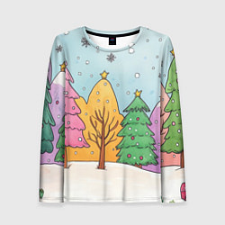 Женский лонгслив Разноцветные елочки и деревья