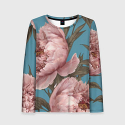 Лонгслив женский Розовые пионы на голубом, цвет: 3D-принт