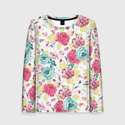 Лонгслив женский Розы красные и бирюзовые, цвет: 3D-принт