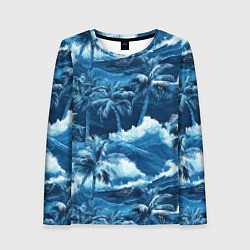 Лонгслив женский Пальмы и волны - голубые оттенки паттерн, цвет: 3D-принт