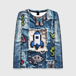 Женский лонгслив Космический пиксельный корабль