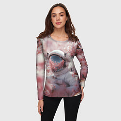 Лонгслив женский Космонавт в весенних листьях, цвет: 3D-принт — фото 2