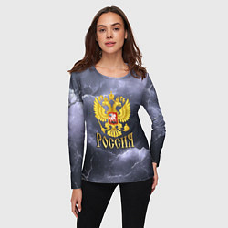 Лонгслив женский Герб России фиолетовое небо с молниями, цвет: 3D-принт — фото 2