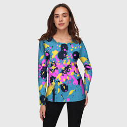Лонгслив женский Брызги краски розовой желтой и темно синей, цвет: 3D-принт — фото 2