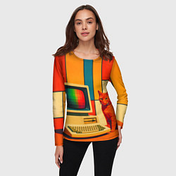 Лонгслив женский Кот и винтажный компьютер ретрофутуризм поп-арт 19, цвет: 3D-принт — фото 2