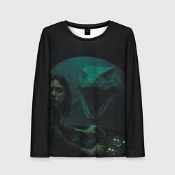 Лонгслив женский Тилозавр нападает на батискаф с девушкой ужасы, цвет: 3D-принт