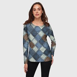 Лонгслив женский Джинсовый пэчворк ромбовый узор, цвет: 3D-принт — фото 2