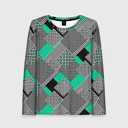 Лонгслив женский Черно бирюзовая абстрактная геометрия пэчворк, цвет: 3D-принт