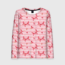 Лонгслив женский Красные шарики-собачки на розовых полосках, цвет: 3D-принт