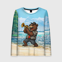 Лонгслив женский Медведь играет ска на пляже, цвет: 3D-принт