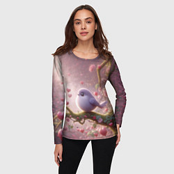 Лонгслив женский Маленькая фиолетовая птица с сердечками и цветами, цвет: 3D-принт — фото 2