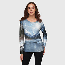 Лонгслив женский Снежный горный пейзаж с елями и рекой, цвет: 3D-принт — фото 2