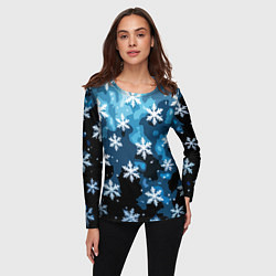 Лонгслив женский Стилизованный паттерн со снежинками тёмно-синий, цвет: 3D-принт — фото 2