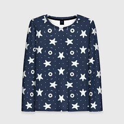 Женский лонгслив Белые кольца и звезды на синем