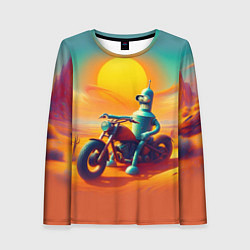 Женский лонгслив Робот Бендер на мотоцикле в пустыне